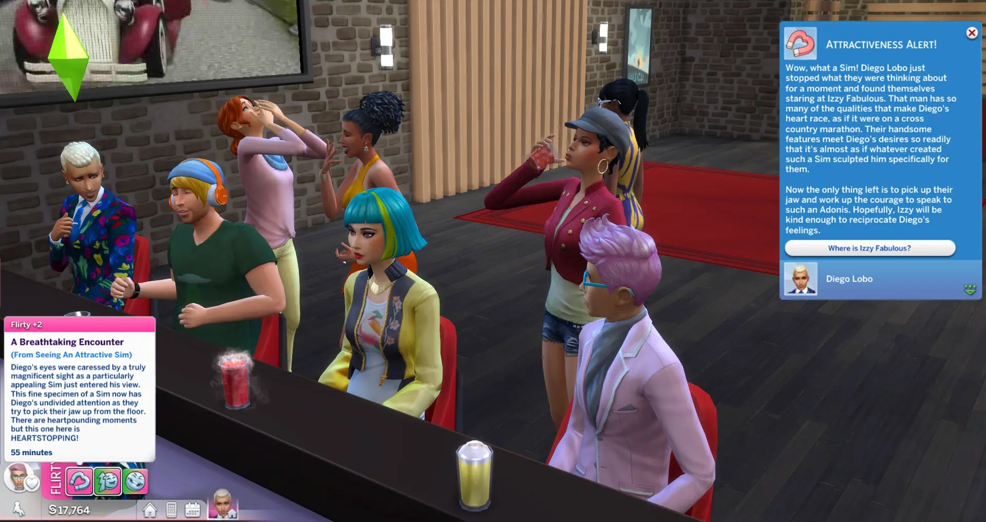 Sims bebendo em um bar.