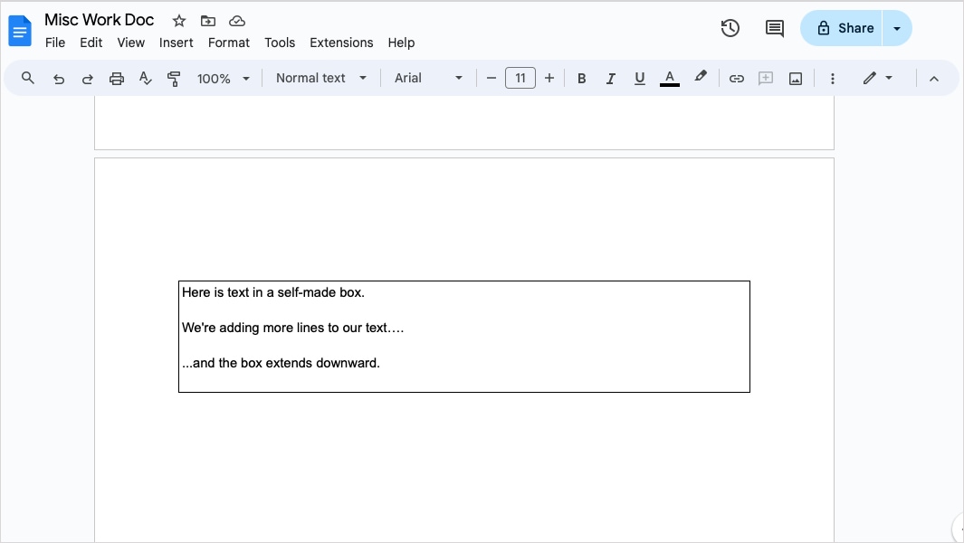 Text added within borders in Google Docs.