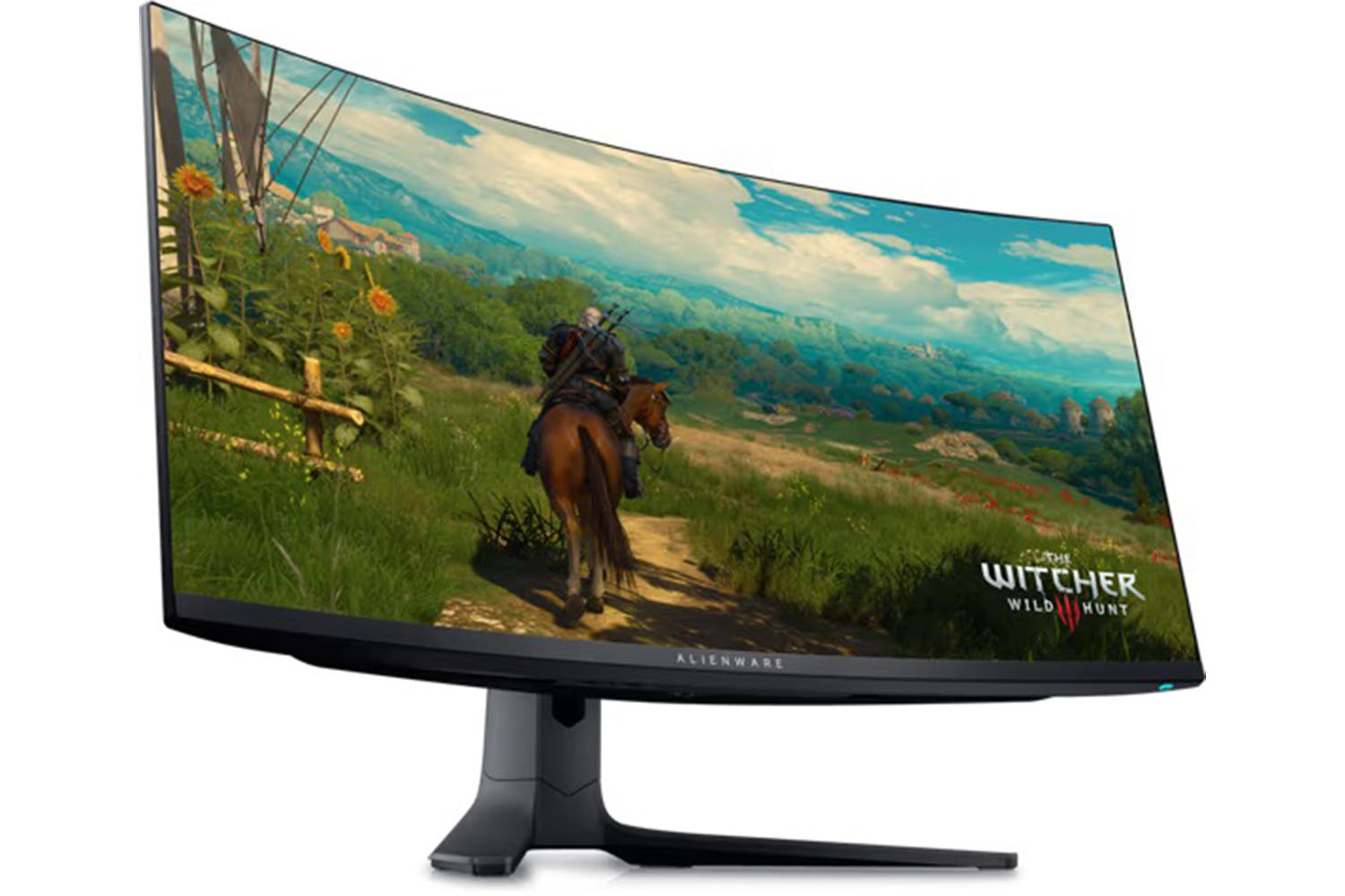 Le moniteur de jeu incurvé QD-OLED Alienware 34 sur fond blanc.