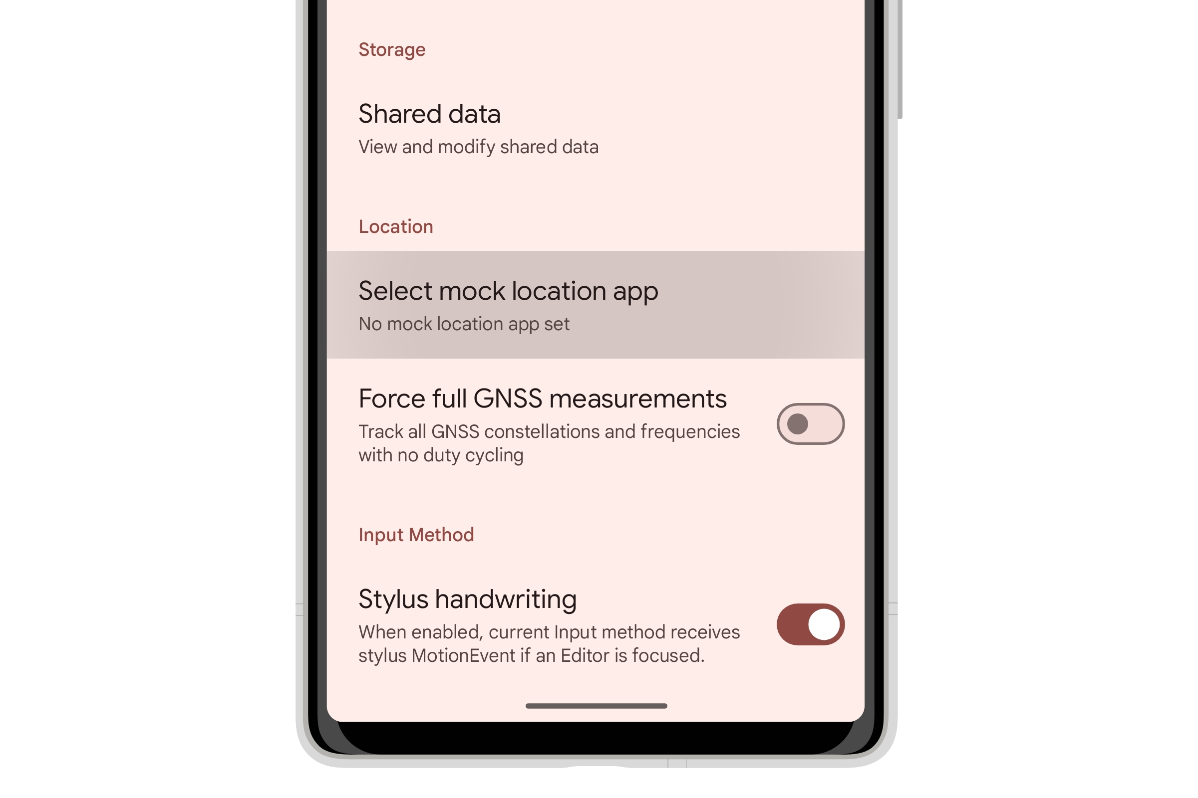 Selecione a configuração do aplicativo de localização simulada nas opções do desenvolvedor do Android 14.