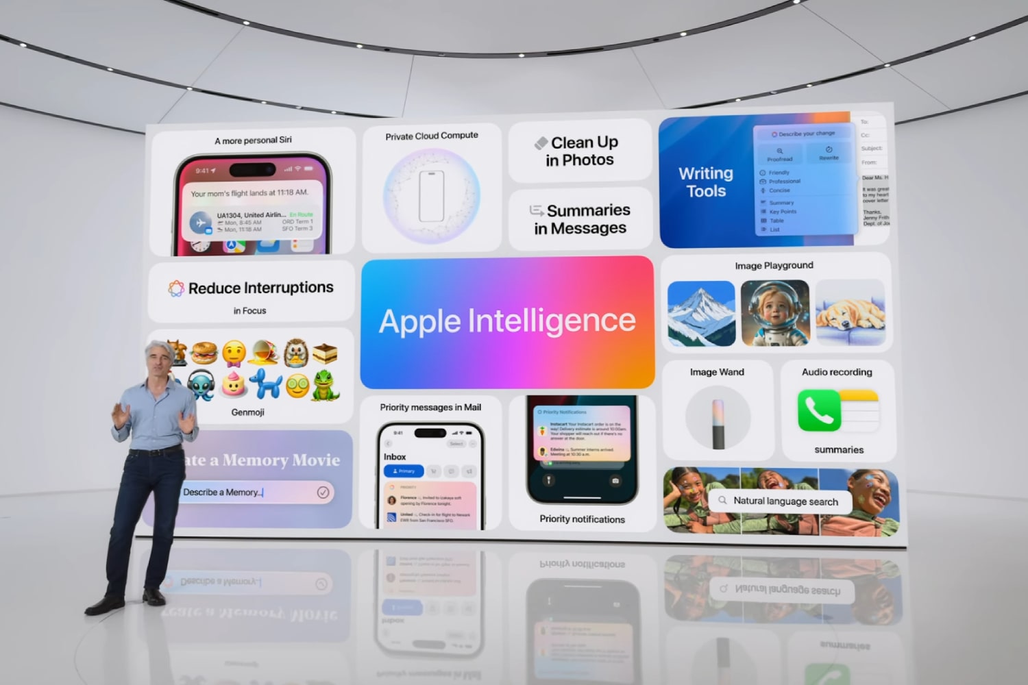 Craig Federighi de Apple analiza Apple Intelligence en la Conferencia Mundial de Desarrolladores (WWDC) 2024.