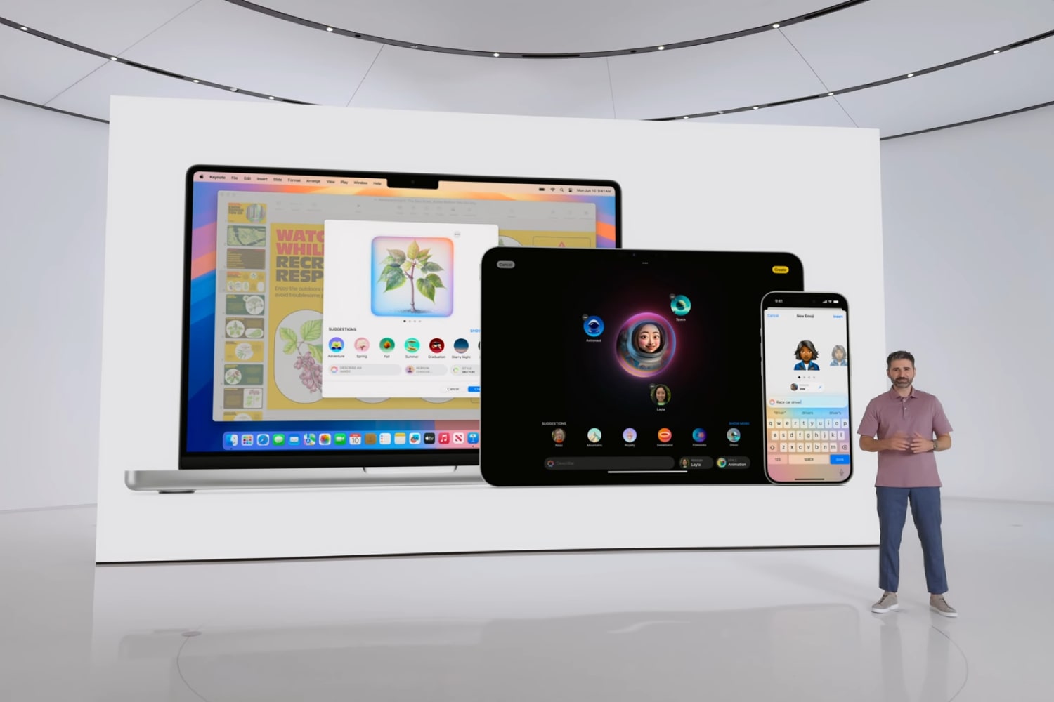 Apple showing the <a href='https://www.mathbonbon.com/matrix-subtraction' target='_blank'>different</a> devices that Apple Intelligence works on at the Worldwide Developers Conference (WWDC) 2024.”><figcaption id=