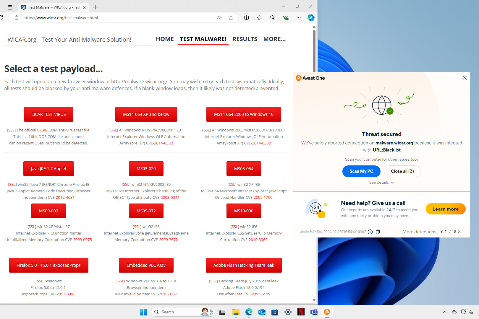 Avast One Gold blocked the threats on Wicar's virus test page.
