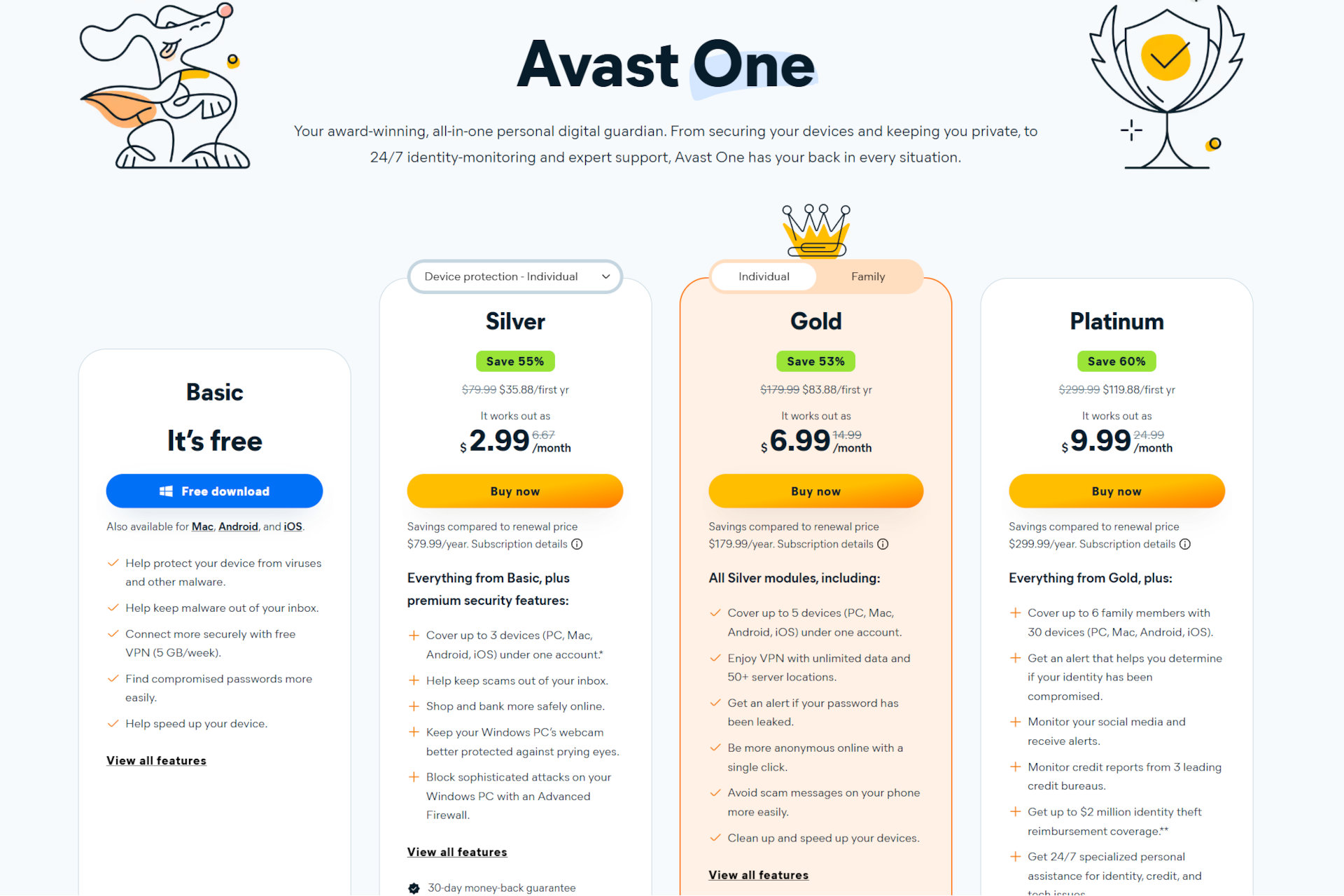Avast One has a free plan and several paid subscription options.