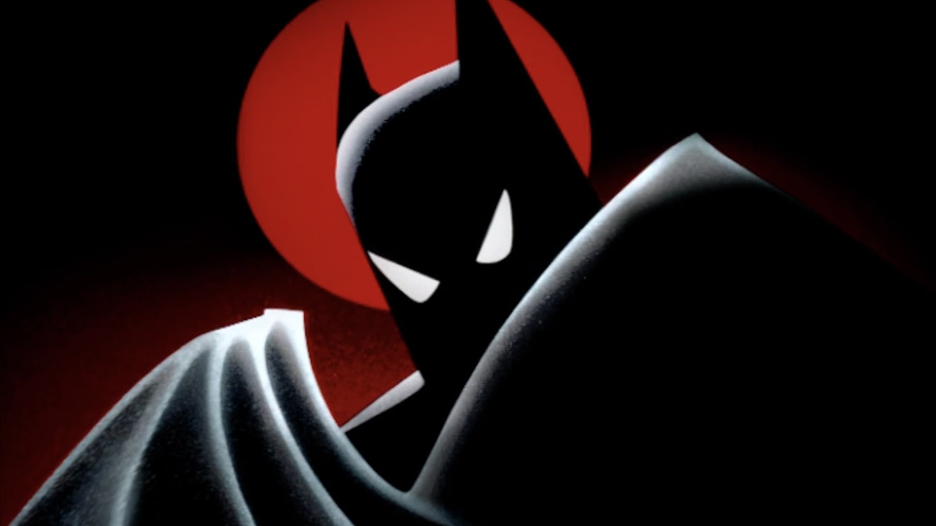 La silueta de Batman en una luna roja en el arte clave de Batman: The Animated Series.