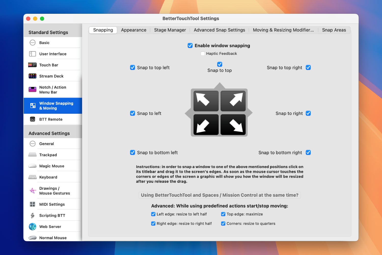 The settings page for the BetterTouchTool app showing options for snapping and moving windows.