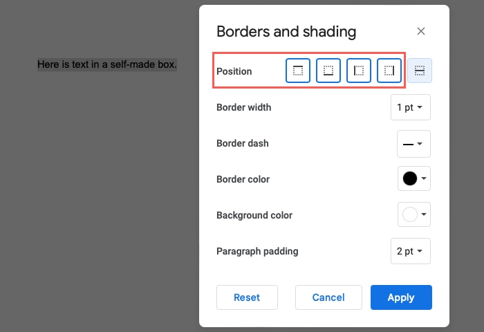 Border Positions in the Borders and Shading window in Google Docs.