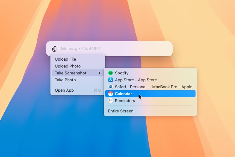 The ChatGPT app on macOS, with a menu open with a list of screenshot sources available.