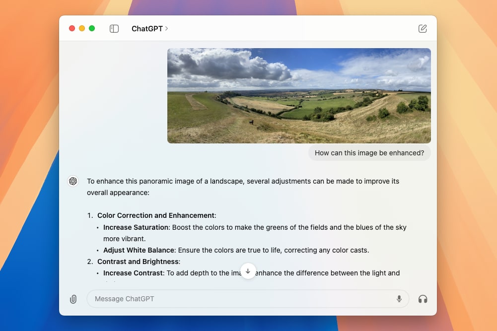 Die ChatGPT-App auf macOS mit Vorschlägen zur Verbesserung eines Fotos.