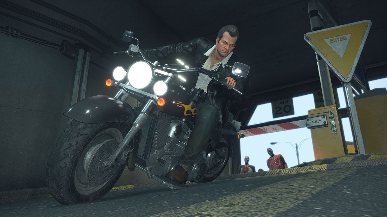 Frank West rides a motorcycle in Dead Rising Deluxe Remaster.