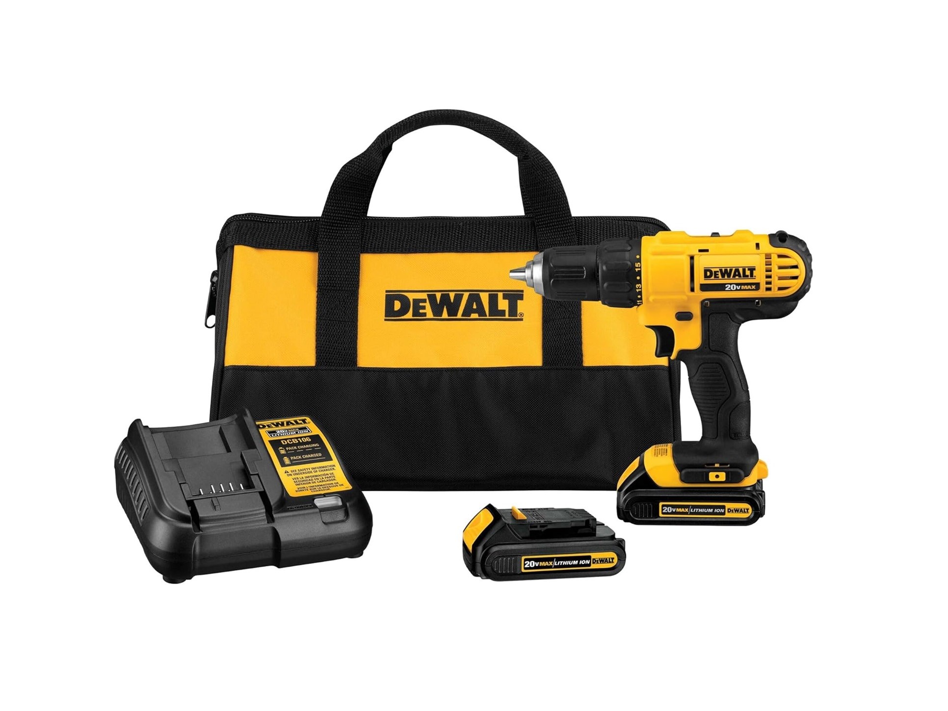 A DeWalt Cordless Drill kit that includes a drill, batteries, a charger, and a bag. All on a white background.