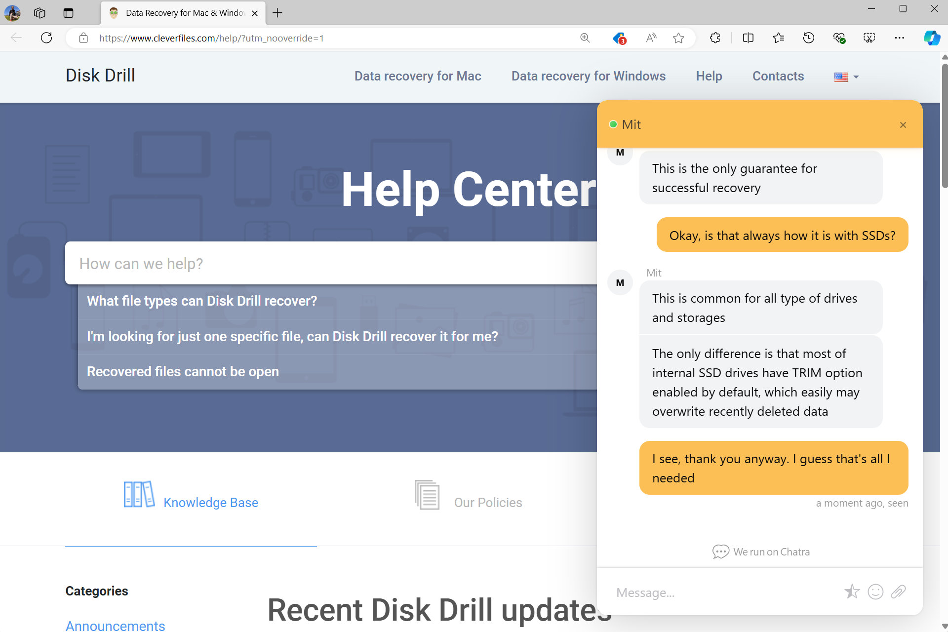 Disk Drill Pro comes with live chat for support.