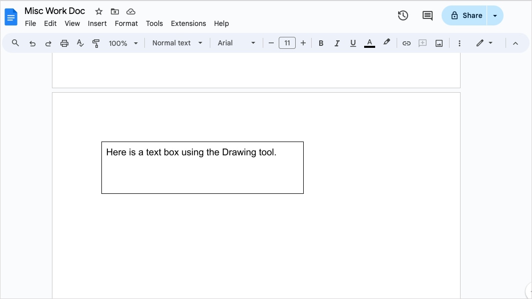 Drawing text box in Google Docs.