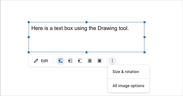 Floating toolbar for a text box in Google Docs.