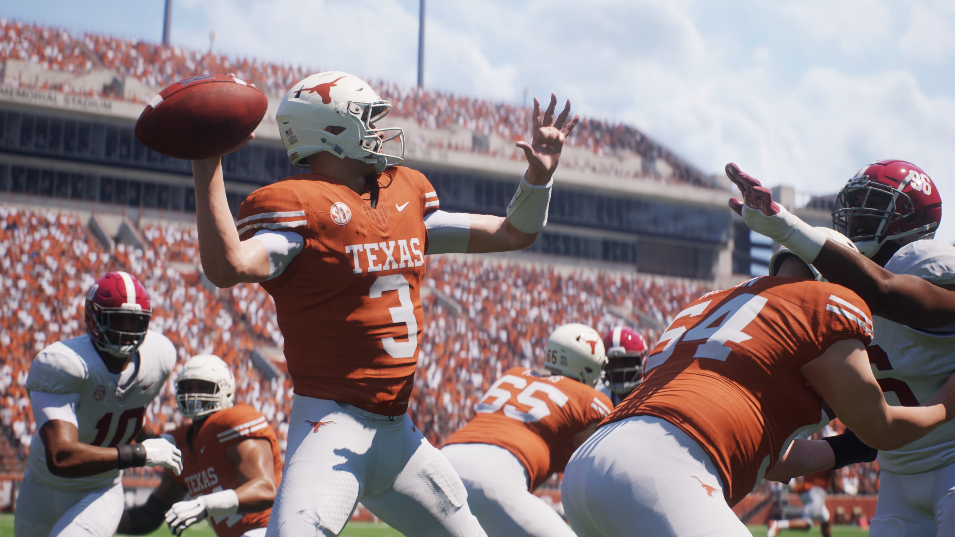 Un mariscal de campo lanza el balón en EA Sports College Football 25.