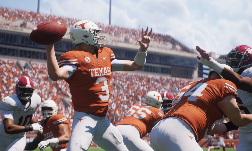 A quarterback throws the ball in EA Sports College Football 25.