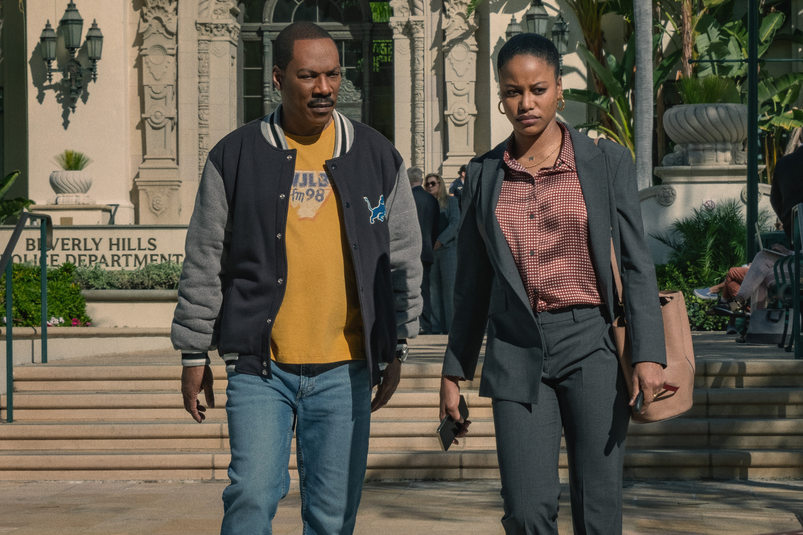 Eddie Murphy walks with Taylour Paige in Beverly Hills Cop: Axel F.