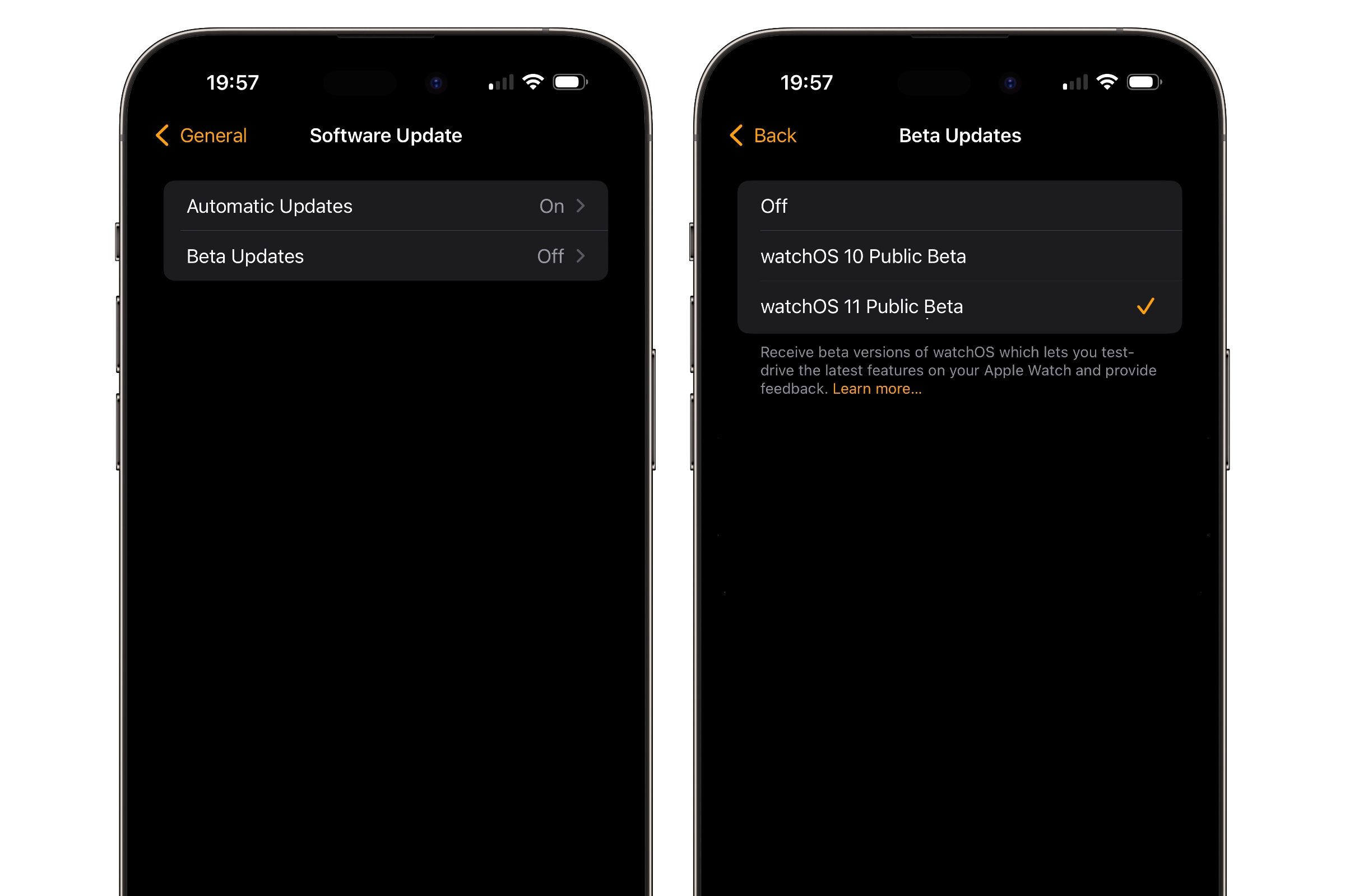 iPhone affichant les paramètres pour activer les mises à jour de la version bêta publique de watchOS 11.