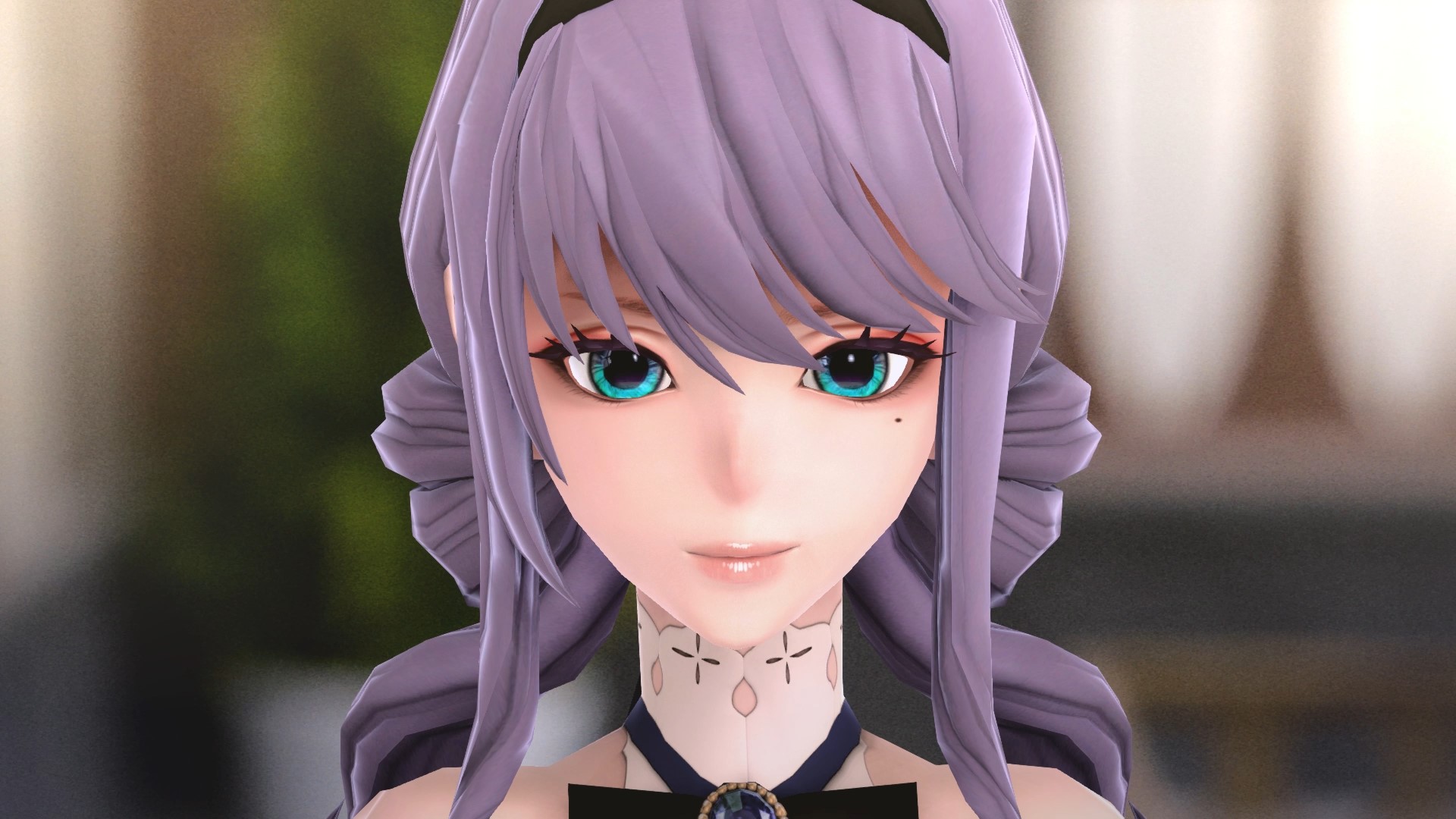 A woman with purple hair and bluish-green eyes staring into the camera in Fantasian Neo Dimension.