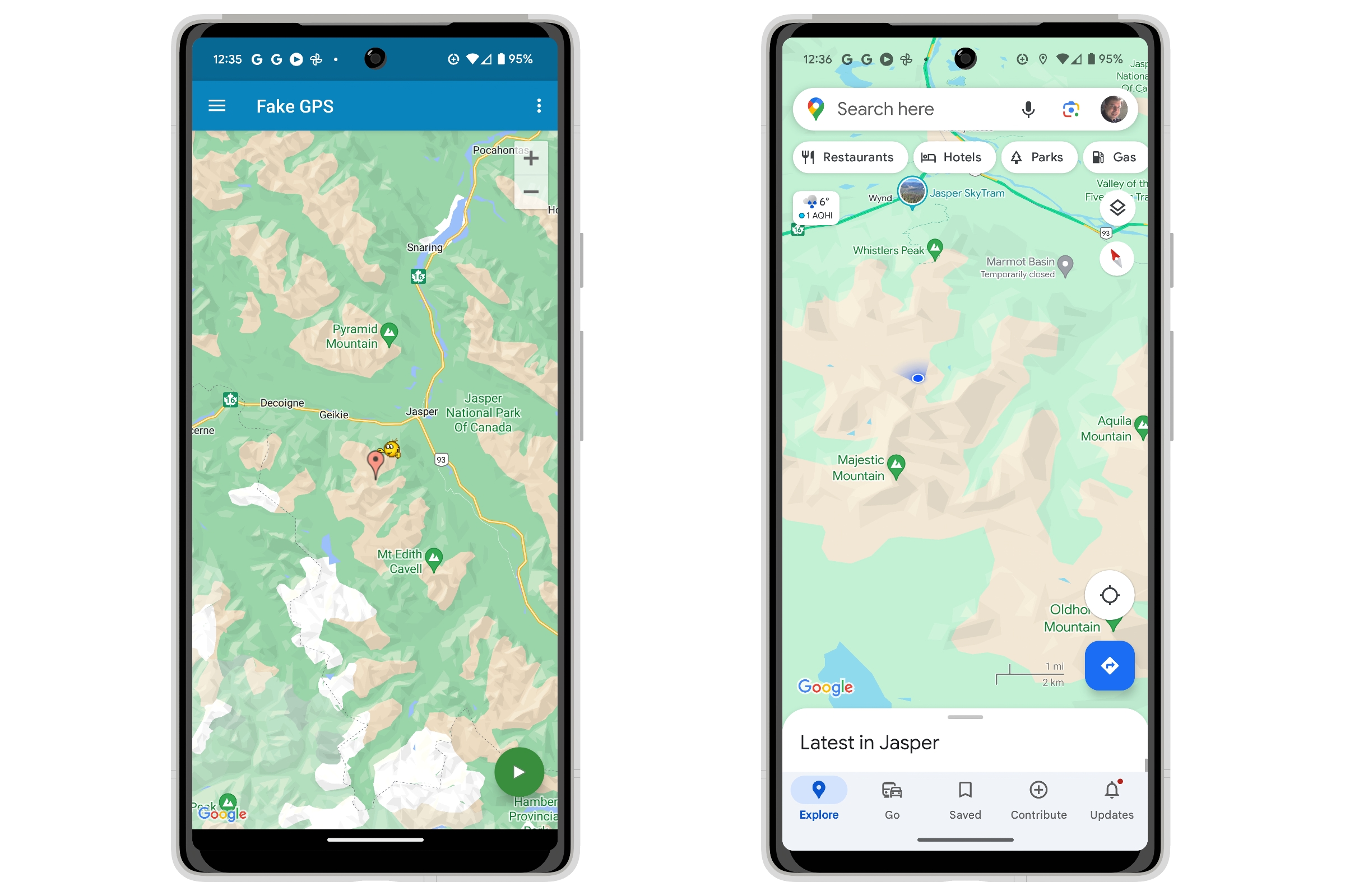 Aplicaciones falsas de GPS y Google Maps que muestran una ubicación falsa en las montañas de Jasper, Alberta, en Canadá.