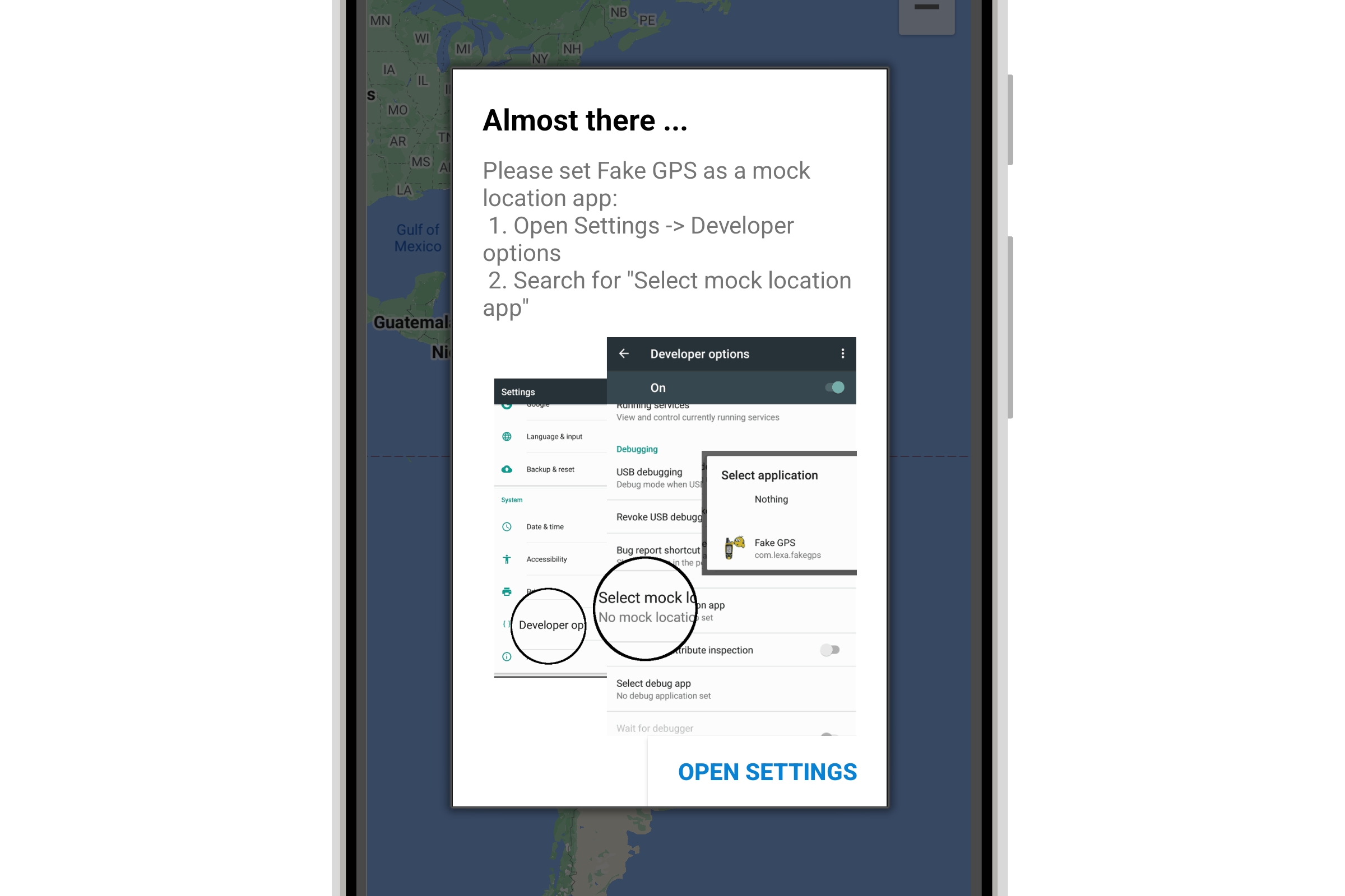 Aplicativo falso de localização GPS mostrando instruções para ativar a configuração de localização simulada no modo de desenvolvedor.