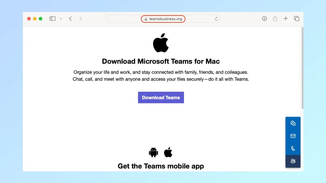 Fake Microsoft Teams site to download malware.
