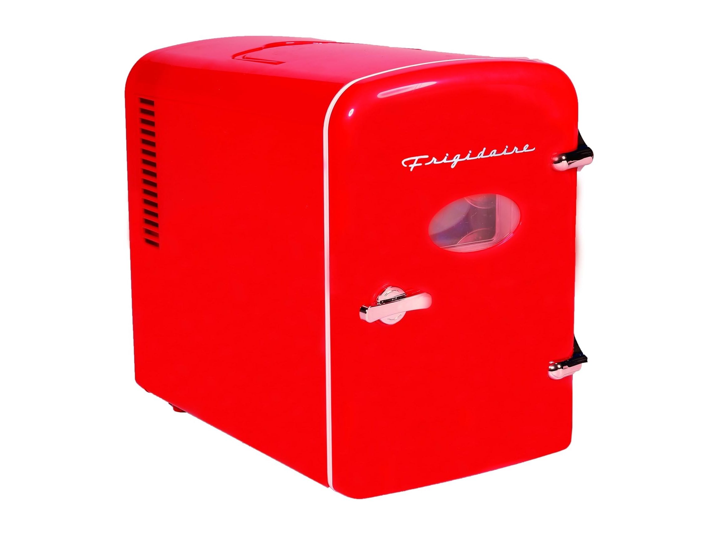 A red Frigidaire Retro Mini Fridge Cooler with the door closed.