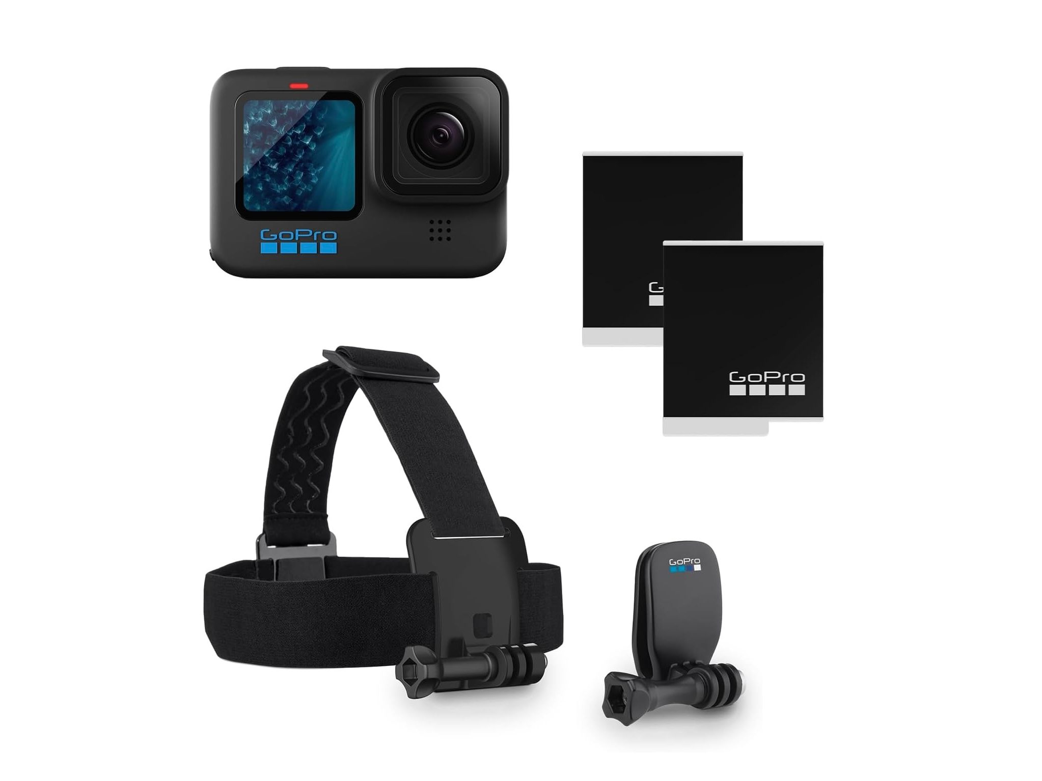 The GoPro HERO11 Black Bundle includes the GoPro HERO11 along with a head strap, quick clip, and two Enduro batteries.