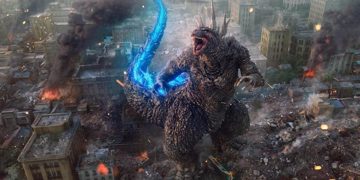 Godzilla stands on rubble in Godzilla Minus One