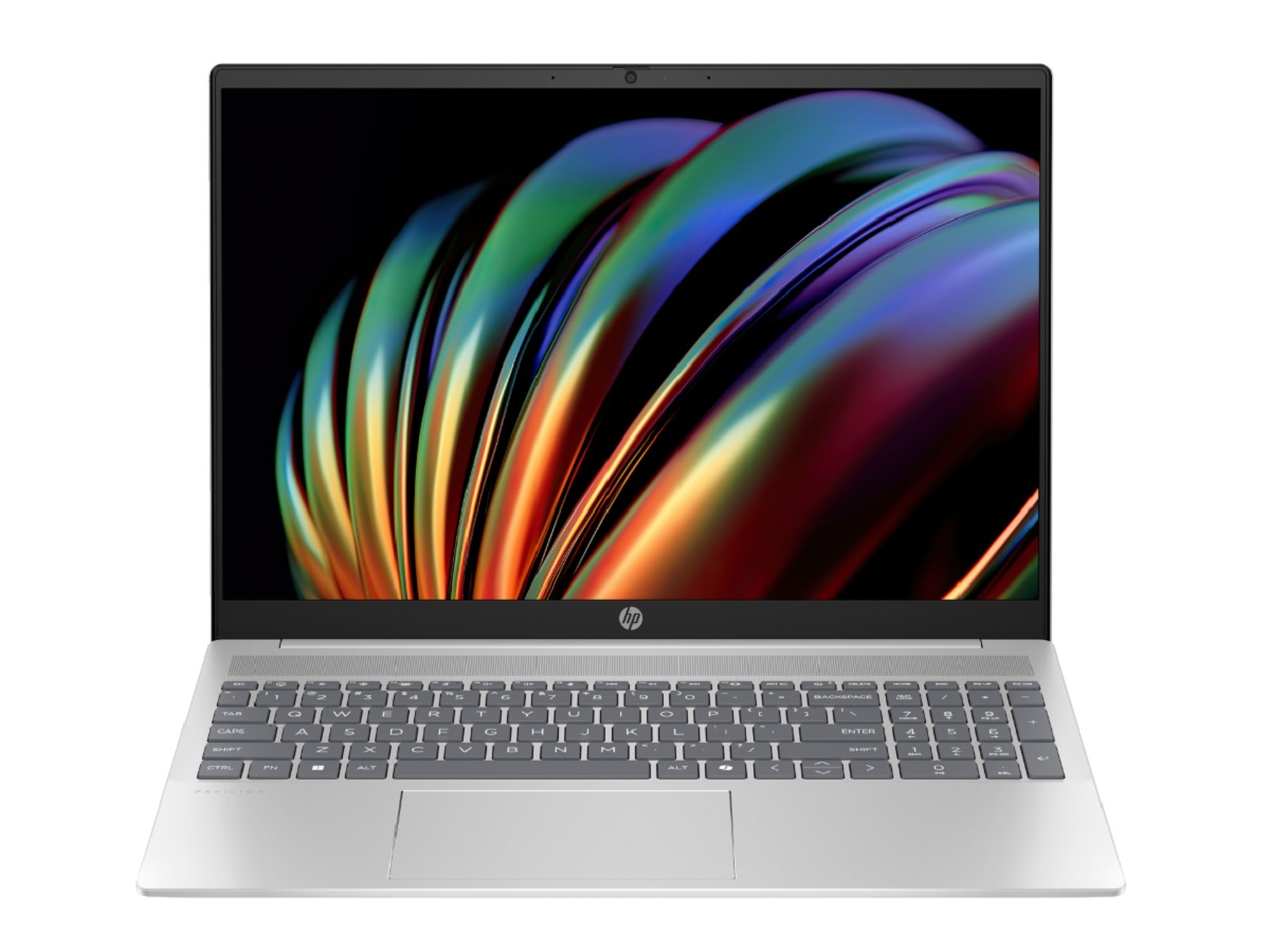 The HP Pavilion 16t laptop with a colorful screen.