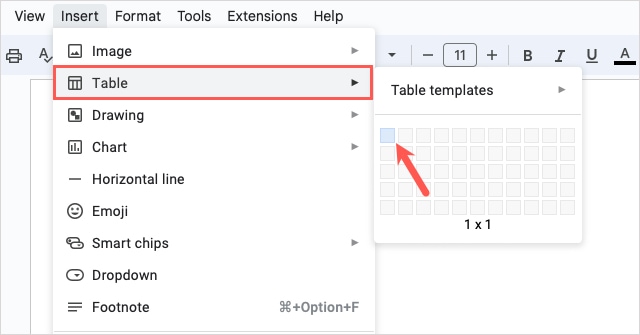 Table cell selected in the Google Docs Insert, Table menu.