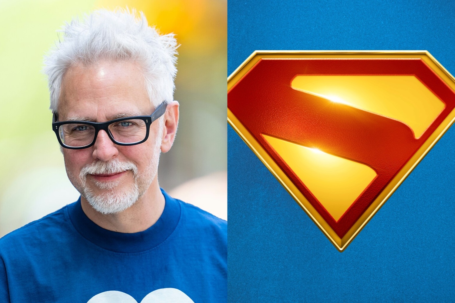 James Gunn sourit pour une photo à gauche avec un logo Superman à droite.