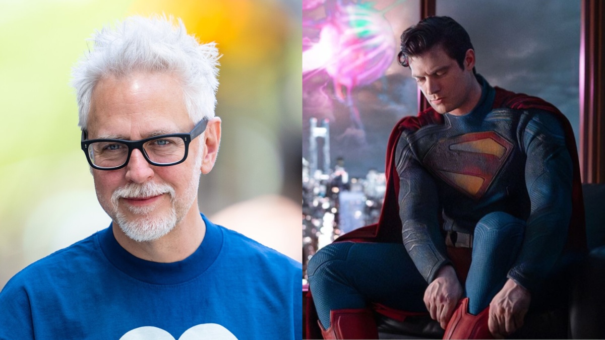 James Gunn smiles on the left while David Corenswet puts on his uniform on the right.