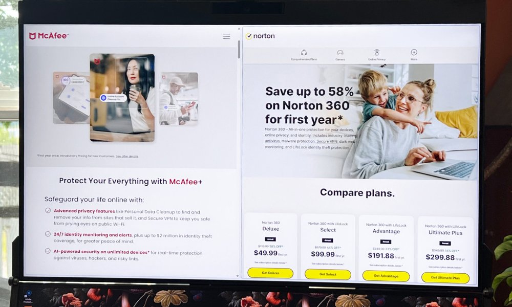 The McAfee and Norton websites are open in a split-view on a PC monitor.