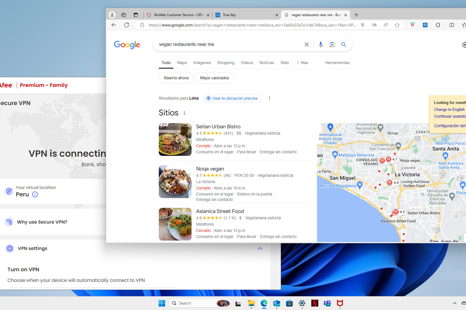La VPN de McAfee ocultó mi ubicación a Google.