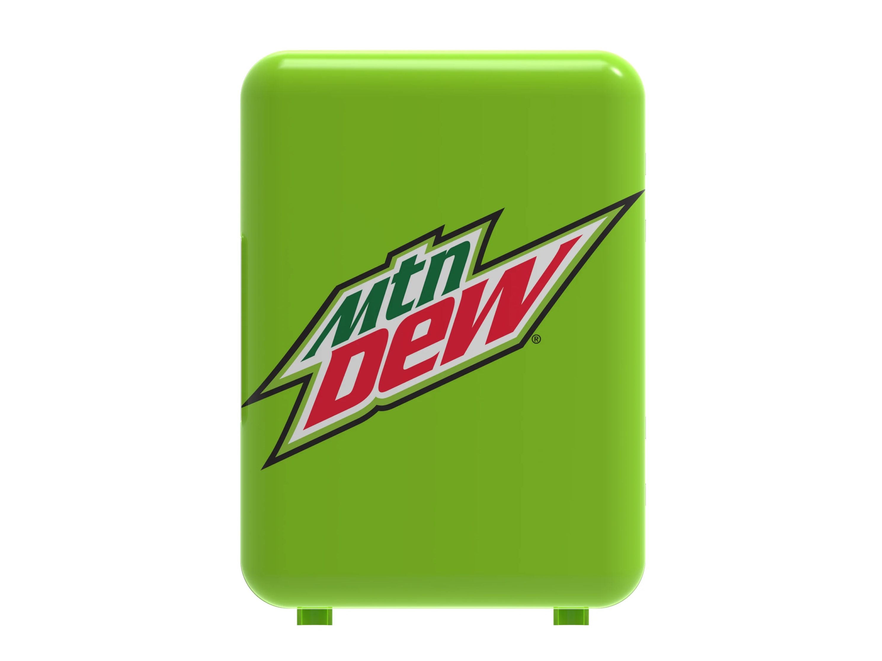 The front of the Mtn Dew themed 6-can mini fridge.