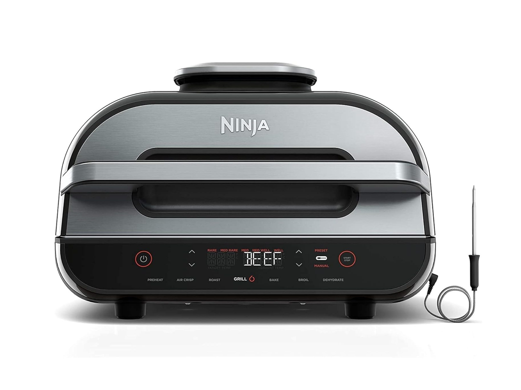 Side view of a Ninja FG551 Foodi Smart XL 6-in-1 Enclosed Indoor Grill with Fry, Grill, Bake, Broil and Dehydrate, Smart Thermometer.