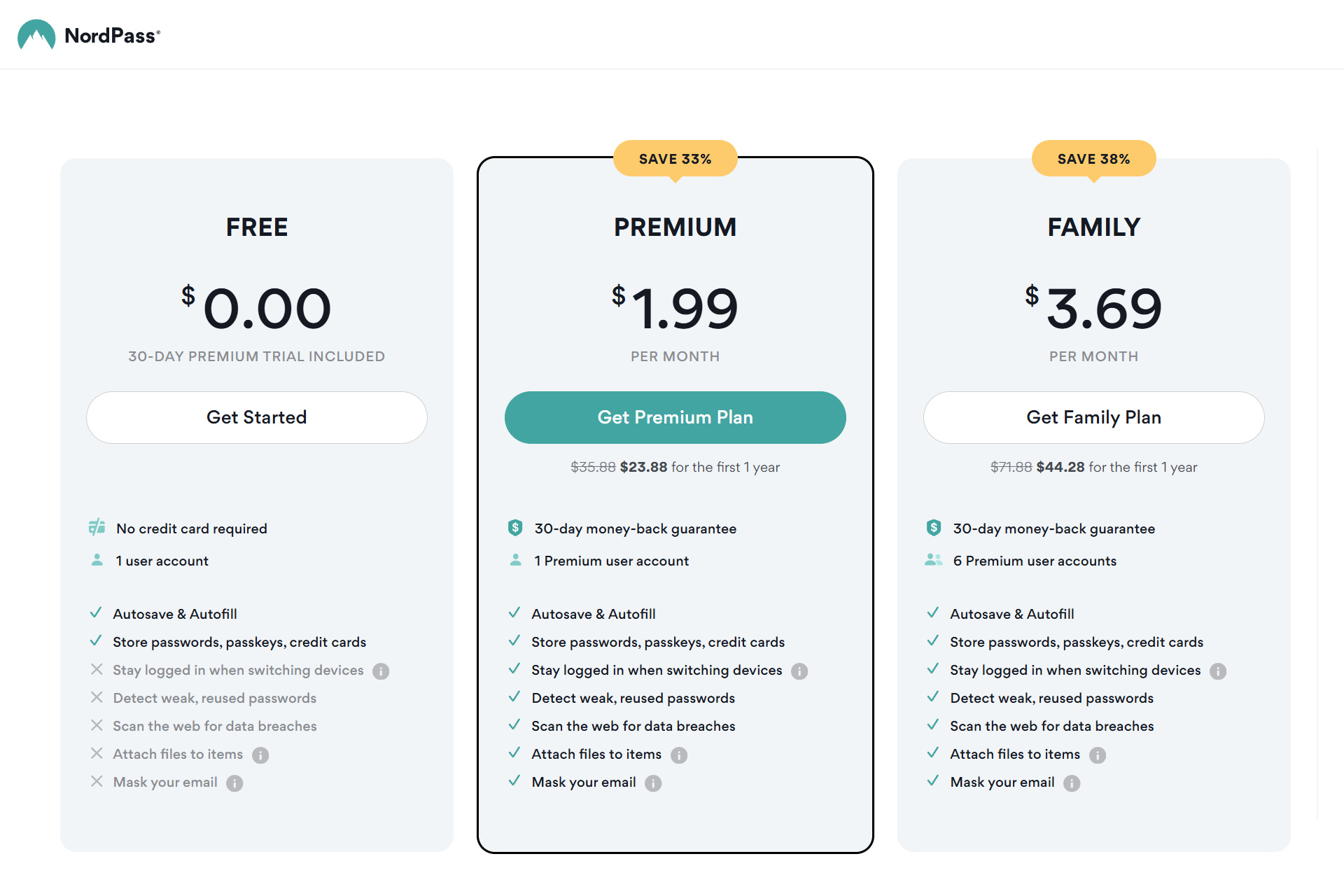 NordPass tem planos gratuitos, pessoais e familiares.