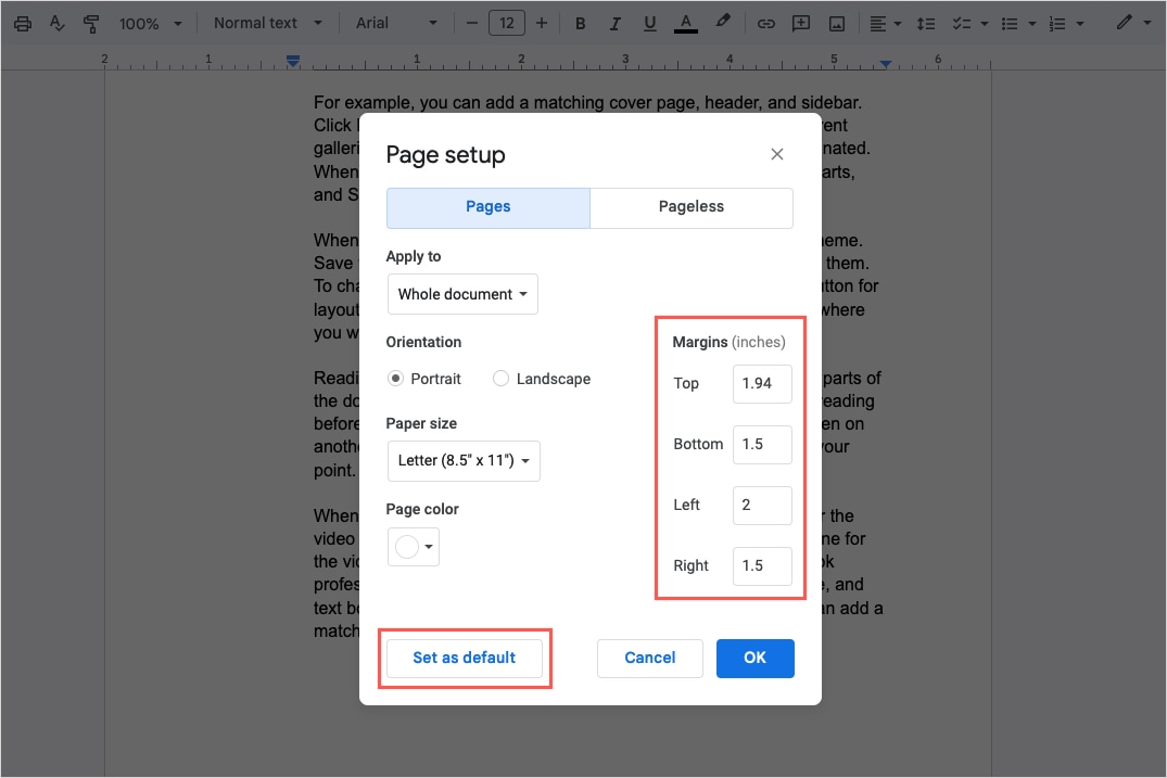 মার্জিন এবং Google ডক্স পৃষ্ঠা সেটআপ বাক্সে ডিফল্ট হিসাবে সেট করুন।