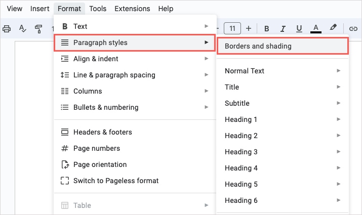 Borders and Shading in the Paragraphs and Styles menu in Google Docs.