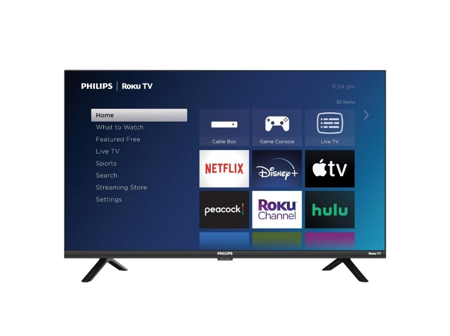 The Philips 32-inch HD TV's Roku home screen.