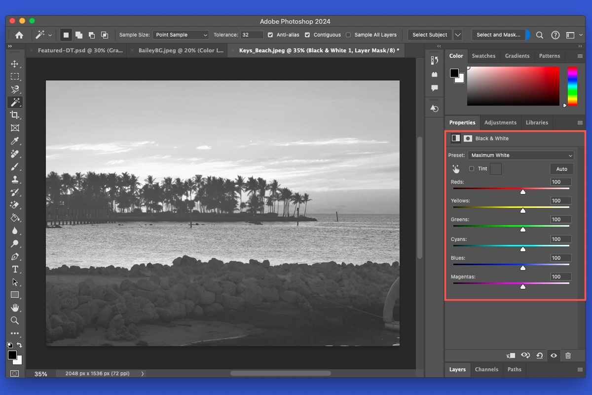 Black and White settings in Photoshop.