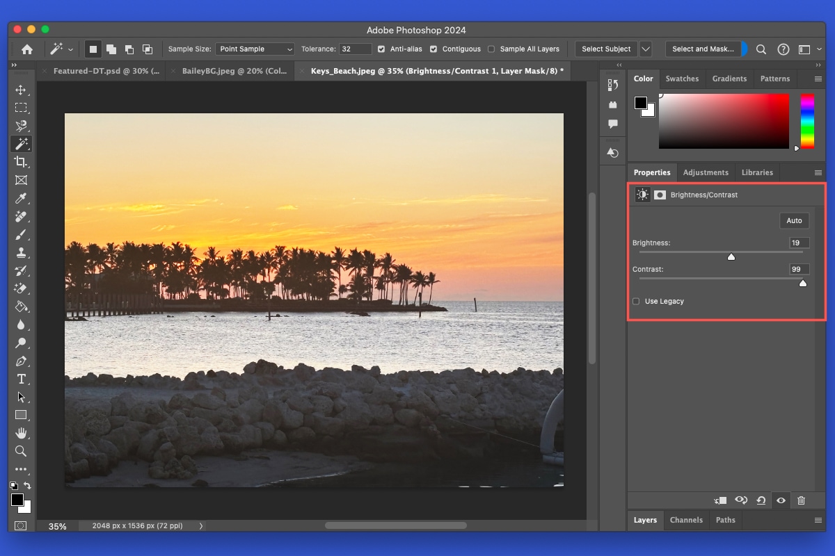 Brightness and Contrast settings in Photoshop.