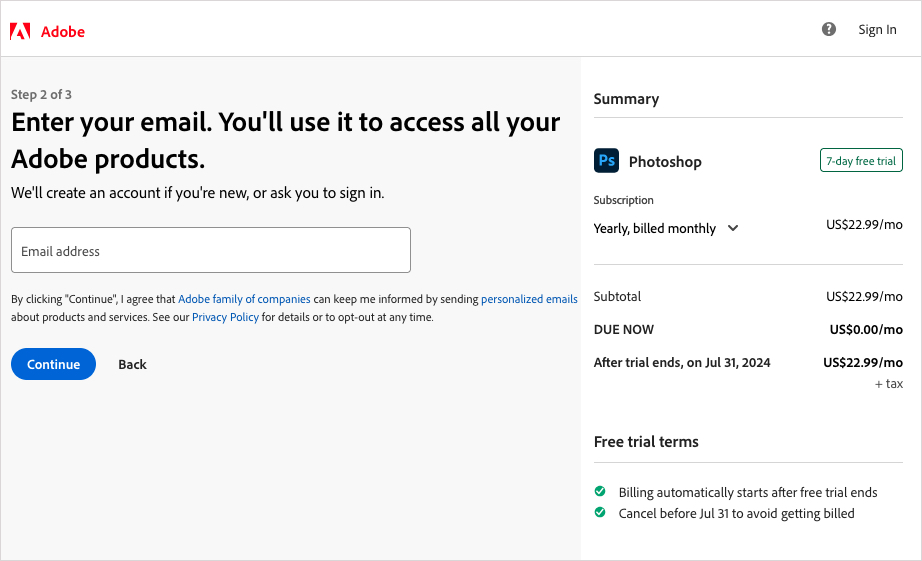 Запрос адреса электронной почты для бесплатной пробной версии Photoshop.