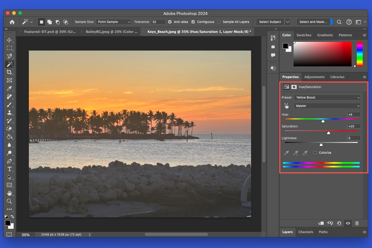Hue, Saturation, and Lightness settings in Photoshop.