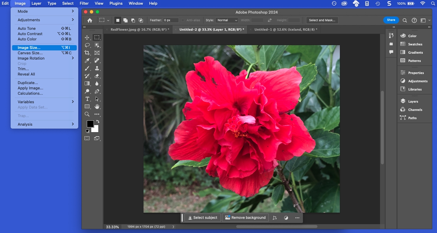 Image Size in the Photoshop Image menu.