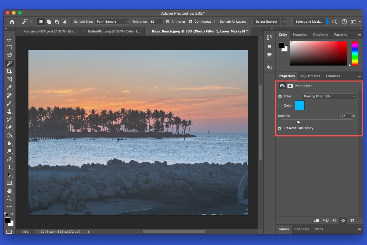 Photo Filter settings in Photoshop.