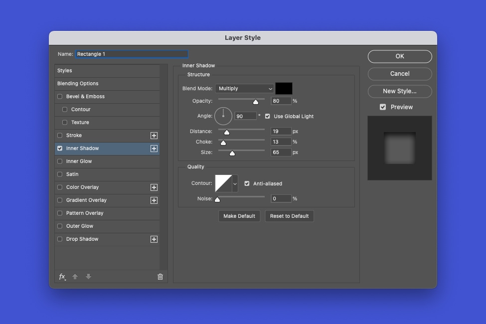 Inner Shadow settings in Photoshop.