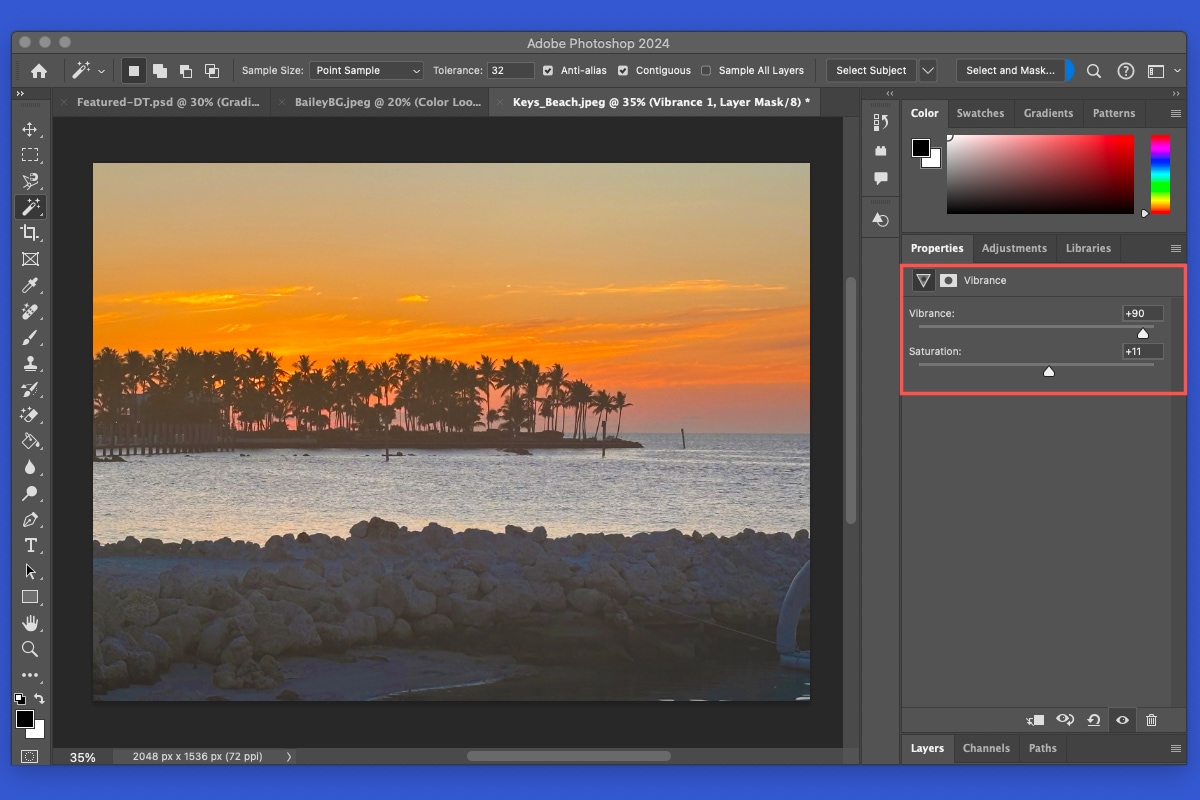 Vibrance settings in Photoshop.