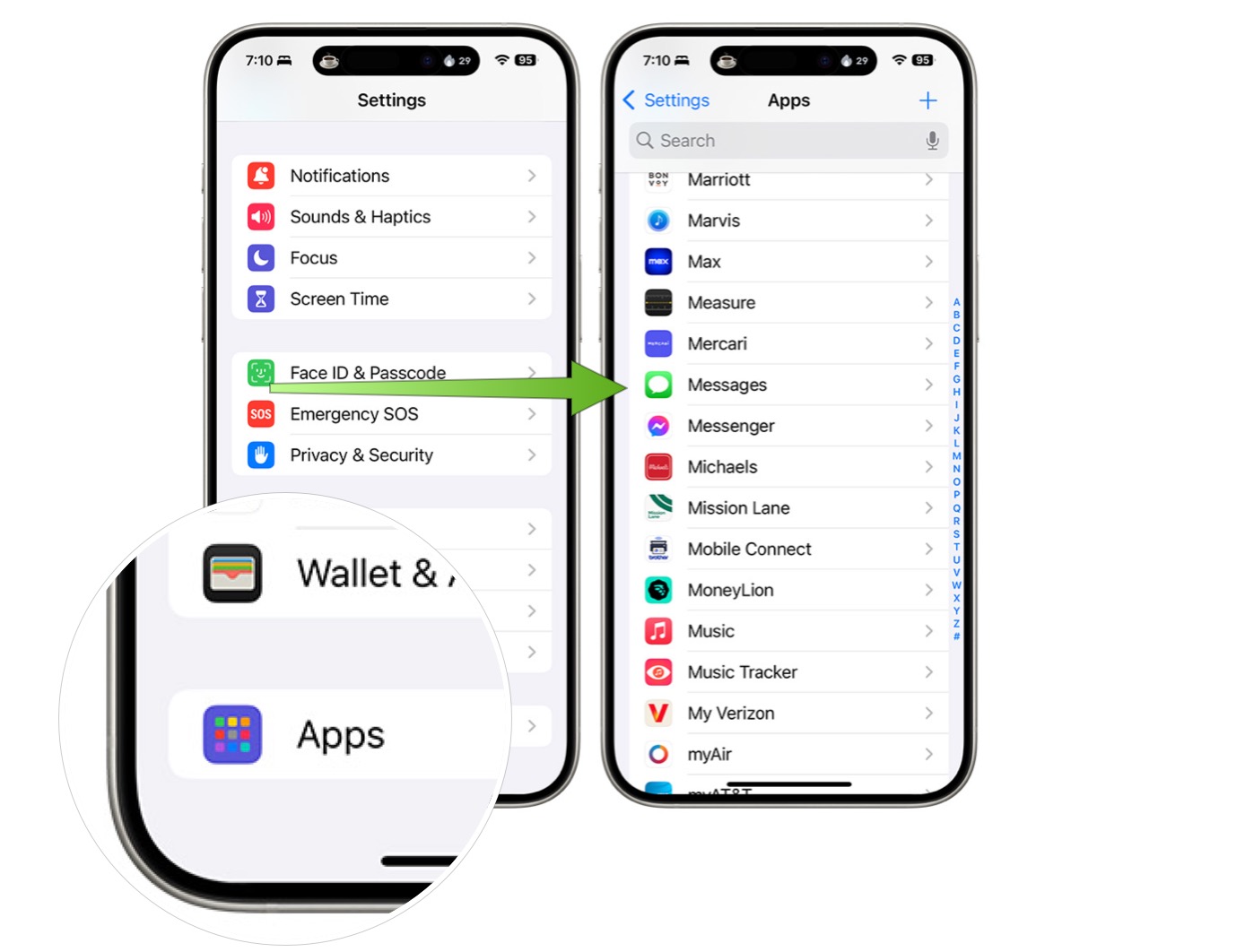 Capturas de tela mostrando como acessar as configurações de Mensagens no iOS 18.